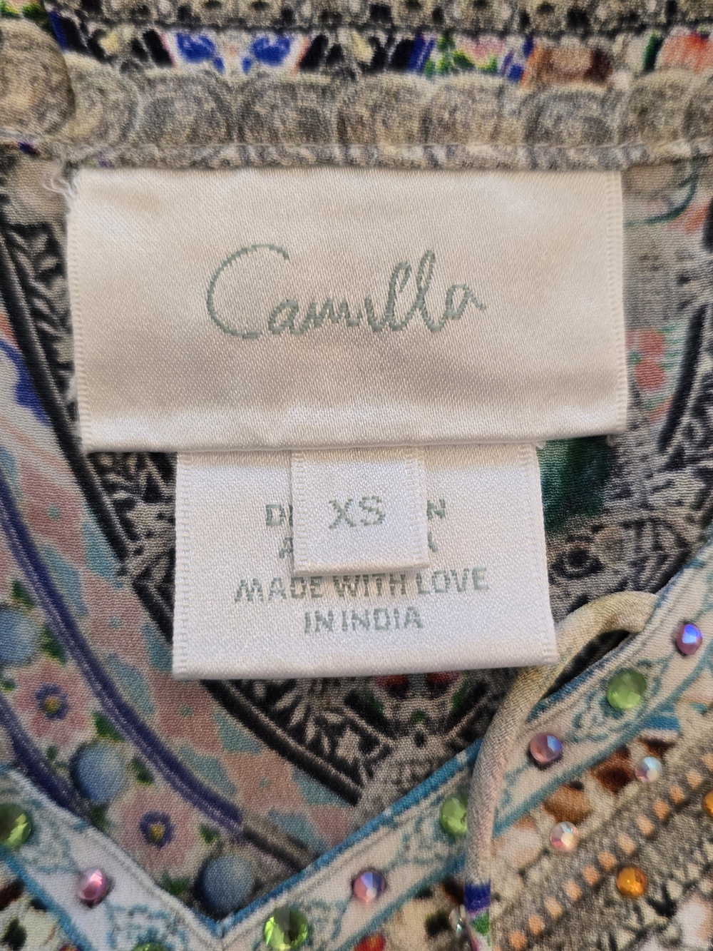 Camilla Silk Embellished Print V-Neck Blouse with Beaded Tassels - Picture 8 of 13